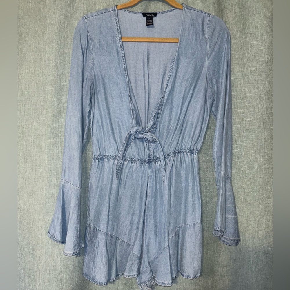 Long sleeve denim romper with tie in front